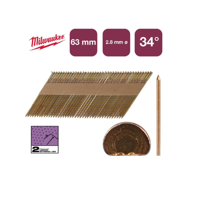 Milwaukee Pocinkovani ekseri tip "D" 2,8 x 63 mm 34°, RS G/SC-2, 2200 kom, 4932492607