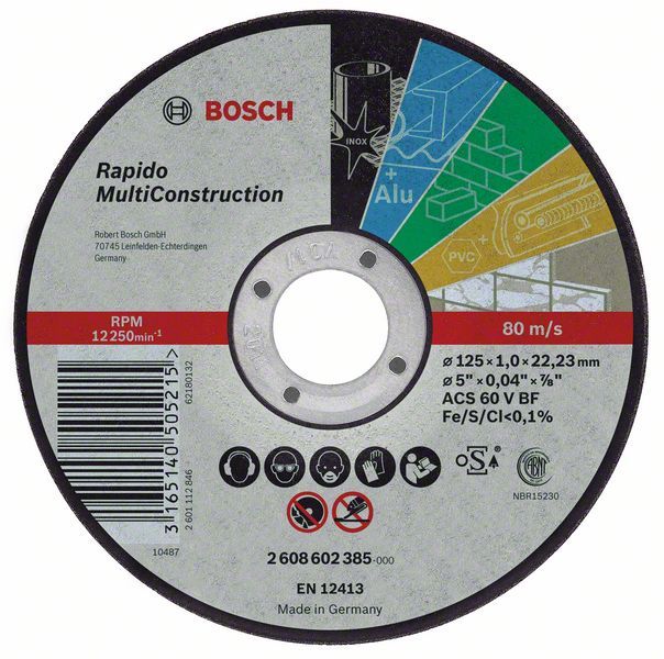 Bosch Rezna ploča ravna Rapido Multi Construction ACS 46 V BF, 125 mm, 1,6 mm, Ravni, <b>Sečenje skoro svega bez izmene ploče</b>, Rezna ploča za metal, inox, obojene metale, kamen, meke keramičke pločice, mermer i plastiku