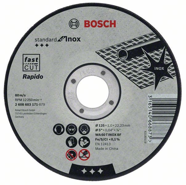 Bosch Rezna ploča ravna Standard for Inox - Rapido WA 60 T BF, 115 mm, 22,23 mm, 1,0 mm, Ravni, <b>Rapido</b>, brzo i čisto sečenje bez stvaranja oštre ivice ili poprimanja plave boje
