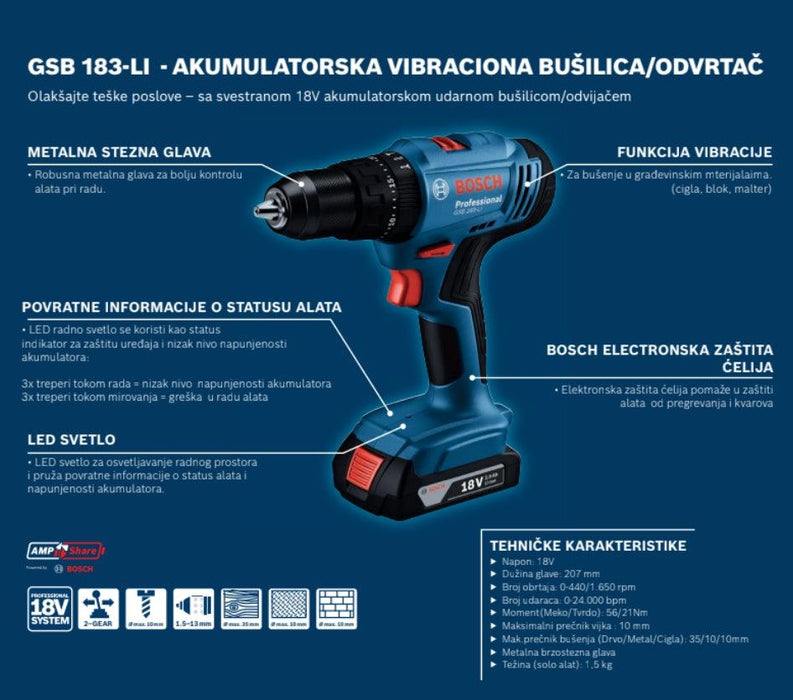 Akumulatorska vibraciona bušilica - odvrtač Bosch GSB 183-Li 18V 1x2.0 Ah u koferu (06019K9101)-SBT Alati Beograd