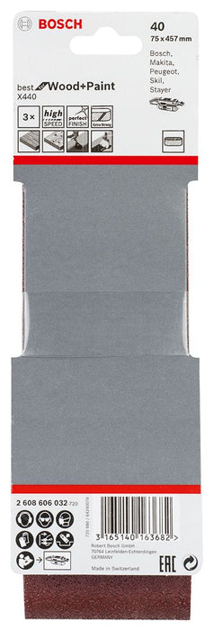 Bosch 3-delni set brusnih traka X440 75 x 457 mm granulacija 40 - pakovanje od 3 komada (2608606032)
