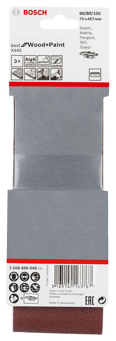Bosch 3-delni set brusnih traka X440 75 x 457 mm, granulacija 60; 80; 100 - pakovanje od 3 komada (2608606040)