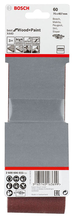 Bosch 3-delni set brusnih traka X440 75 x 457 mm, granulacija 60 - pakovanje od 3 komada (2608606033)