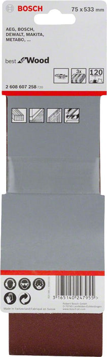 Bosch 3-delni set brusnih traka X440 75 x 533 mm granulacija 120 - pakovanje od 3 komada (2608607258)