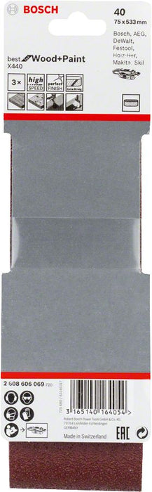 Bosch 3-delni set brusnih traka X440 75 x 533 mm granulacija 40 - pakovanje od 3 komada (2608606069)