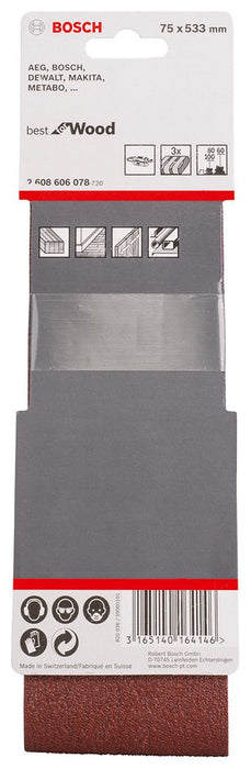 Bosch 3-delni set brusnih traka X440 75 x 533 mm granulacija 60; 80; 100 - pakovanje od 3 komada (2608606078)