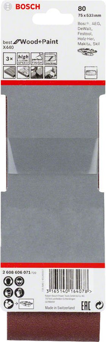 Bosch 3-delni set brusnih traka X440 75 x 533 mm granulacija 80 - pakovanje od 3 komada (2608606071)