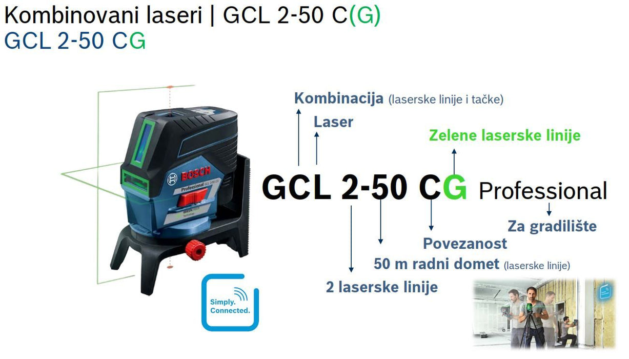 Bosch kombinovani laser GCL 2-50 CG sa zelenim linijama lasera sa RM 2 nosačem, baterijom i punjačem u L-Boxx koferu (0601066H00)