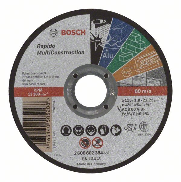 Bosch Rezna ploča ravna Rapido Multi Construction ACS 60 V BF, 115 mm, 1,0 mm, Ravni, <b>Sečenje skoro svega bez izmene ploče</b>, Rezna ploča za metal, inox, obojene metale, kamen, meke keramičke pločice, mermer i plastiku