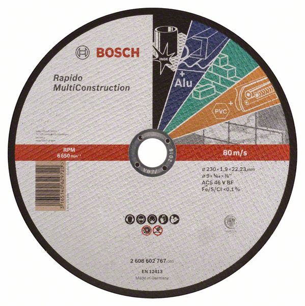 Bosch Rezna ploča ravna Rapido Multi Construction ACS 46 V BF, 230 mm, 1,9 mm, Ravni, <b>Sečenje skoro svega bez izmene ploče</b>, Rezna ploča za metal, inox, obojene metale, kamen, meke keramičke pločice, mermer i plastiku
