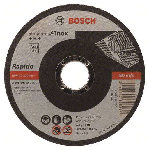 Bosch Rezna ploča ravna Standard for Inox - Rapido WA 60 T BF, 115 mm, 22,23 mm, 1,0 mm, Ravni, <b>Rapido</b>, brzo i čisto sečenje bez stvaranja oštre ivice ili poprimanja plave boje