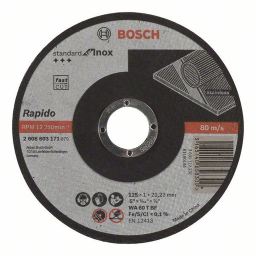 Bosch Rezna ploča ravna Standard for Inox - Rapido WA 60 T BF, 125 mm, 22,23 mm, 1,0 mm, Ravni, <b>Rapido</b>, brzo i čisto sečenje bez stvaranja oštre ivice ili poprimanja plave boje