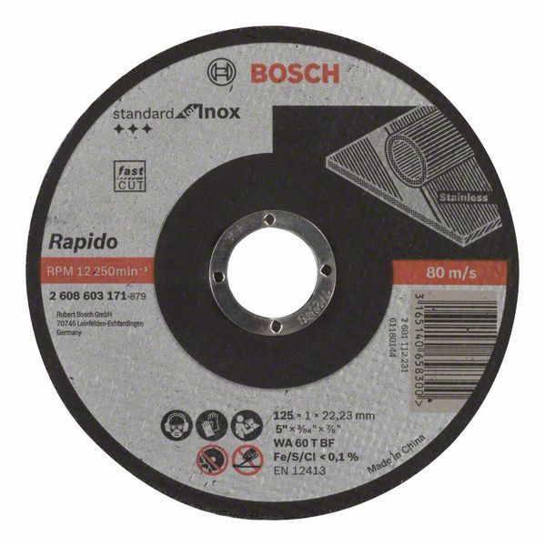 Bosch Rezna ploča ravna Standard for Inox - Rapido WA 60 T BF, 125 mm, 22,23 mm, 1,0 mm, Ravni, <b>Rapido</b>, brzo i čisto sečenje bez stvaranja oštre ivice ili poprimanja plave boje