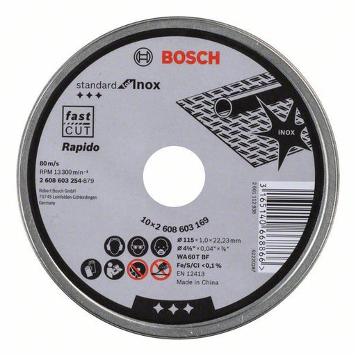Bosch Rezna ploča ravna Standard for Inox - Rapido WA 60 T BF, 115 mm, 22,23 mm, 1,0 mm, Ravni, 10 Rapido ploča u limenoj kutiji za ponovno zatvaranje