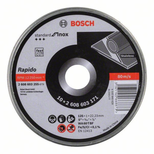 Bosch Rezna ploča ravna Standard for Inox - Rapido WA 60 T BF, 125 mm, 22,23 mm, 1,0 mm, Ravni, 10 Rapido ploča u limenoj kutiji za ponovno zatvaranje