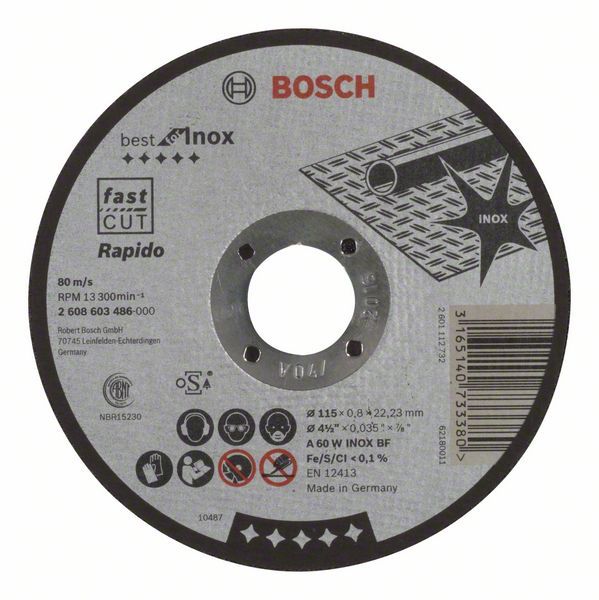 Bosch Rezna ploča ravna Best for Inox - Rapido A 60 W INOX BF, 115 mm, 0,8 mm, Ravni, <b>Rapido</b>, naročito tanka rezna ploča, za ekstremno brzo i čisto sečenje bez stvaranja oštre ivice ili poprimanja plave boje