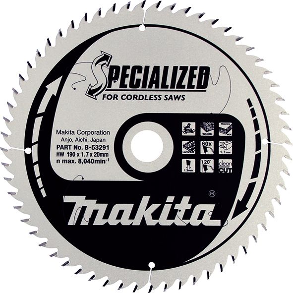 TCT Saw Blade 190mm x 20mm x 60T cordless Makita B-53291