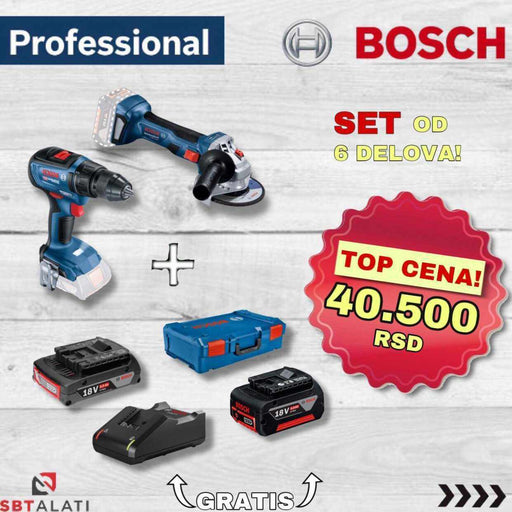 Bosch set alata na baterije u koferu: brusilica+šrafilica+baterije+punjač+L-boxx kofer za alat-set alata-SBT Alati Beograd